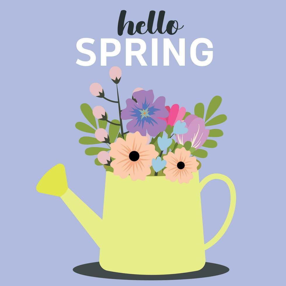 Hello Spring. Garden watering can with spring flowers tulips and flowers. Spring background, cover, sale banner, flyer design. Template for advertising, web, social media. vector