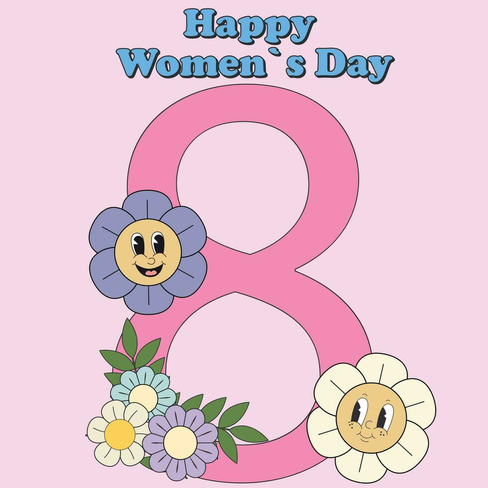 Retro Flower Power background with hippie flower character. International Womens day. 8th March Day. Mothers day. Colorful pink illustration in 70s 60s vintage style. vector