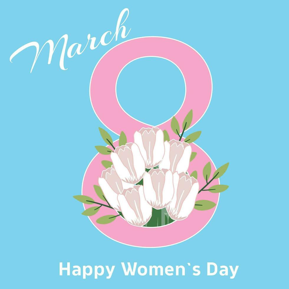 Happy Women's Day greeting card. Postcard on March 8. Stylish Spring banner with beautiful colorful tulips. For template, banners, wallpaper, flyers, invitation, posters, brochure, voucher discount. vector
