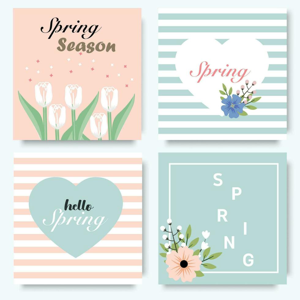 conjunto de linda saludo tarjetas para de la madre día, De las mujeres día, 8 marzo con mano dibujado florecer flores primavera fondo, cubrir, rebaja bandera, volantes diseño. modelo para publicidad, web, social medios de comunicación. vector