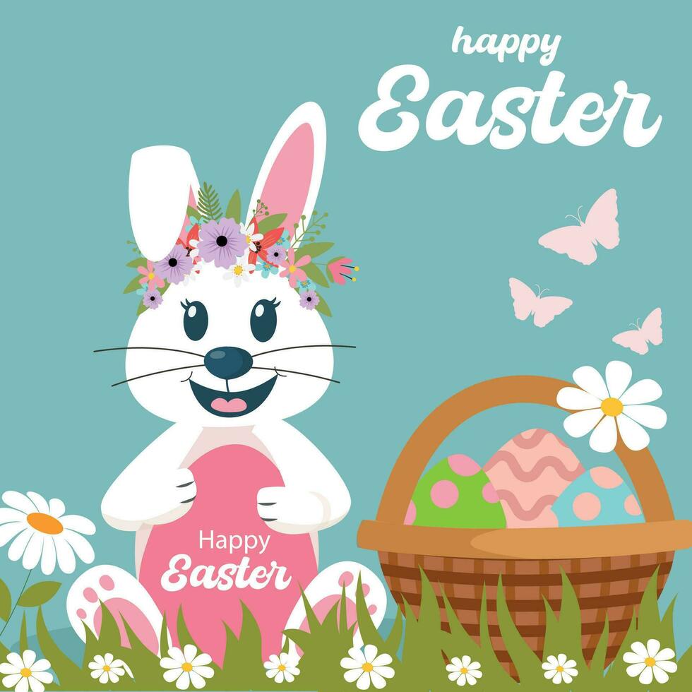 Happy Easter greeting card with cute white bunny and eggs. Rabbit character. Spring background, cover, sale banner, flyer design. Template for advertising, web, social media. vector