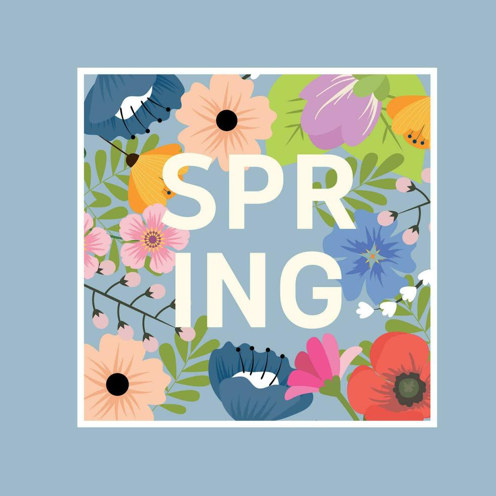 Spring square background, frame with colorful flowers and leaves. Trendy modern design. Vector template for card, banner, invitation, social media post, poster, mobile apps, web ads