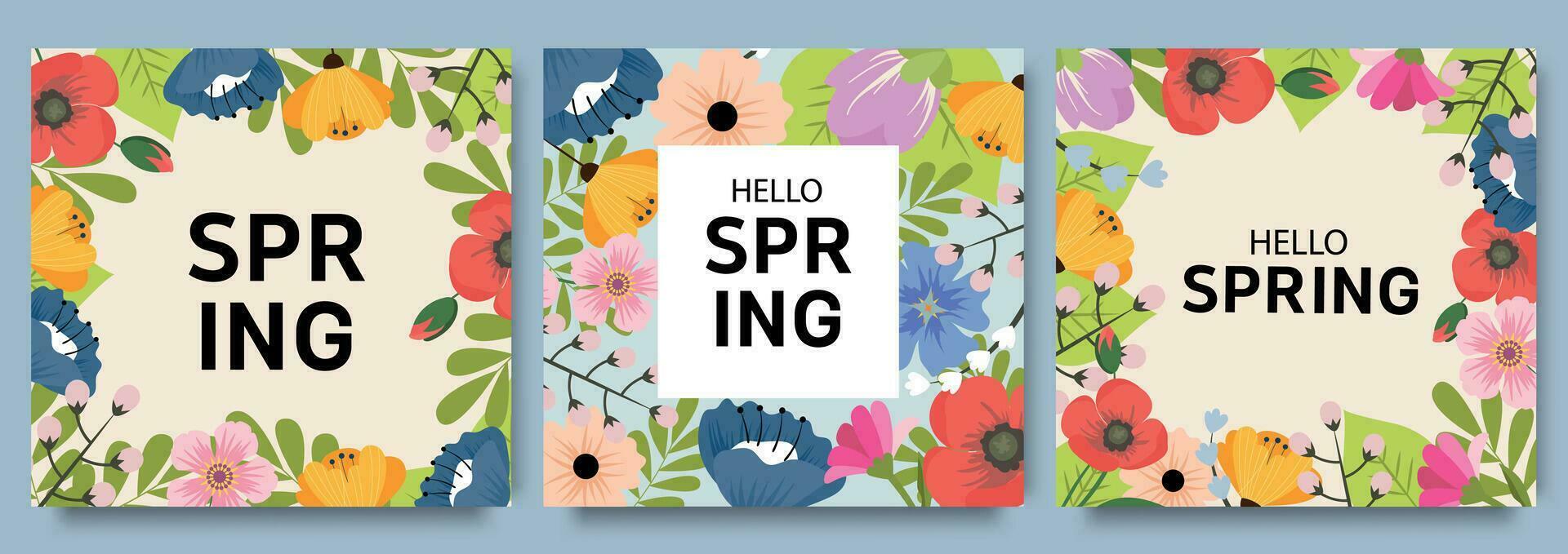 Set of trendy minimal spring posters with bright beautiful flowers and modern typography. Spring background, cover, sale banner, flyer design. Template for advertising, web, social media. vector