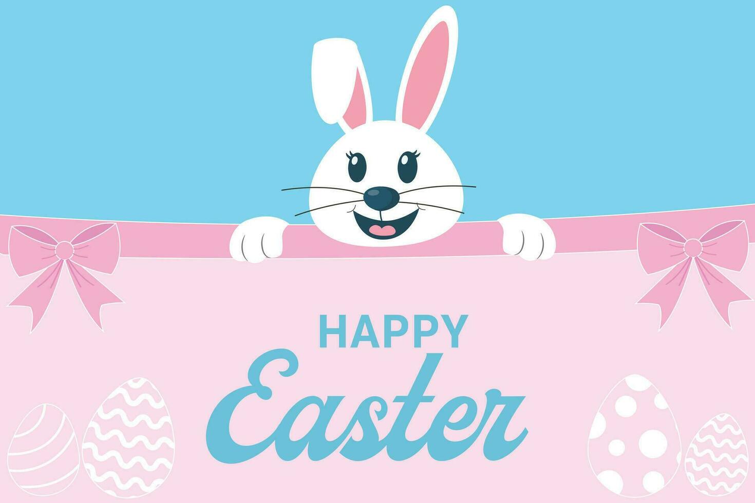 Cute happy easter card with smiling bunny rabbit. Bunnies, Easter eggs, flowers and basket. Spring background, cover, sale banner, flyer design. Template for advertising, web, social media. vector