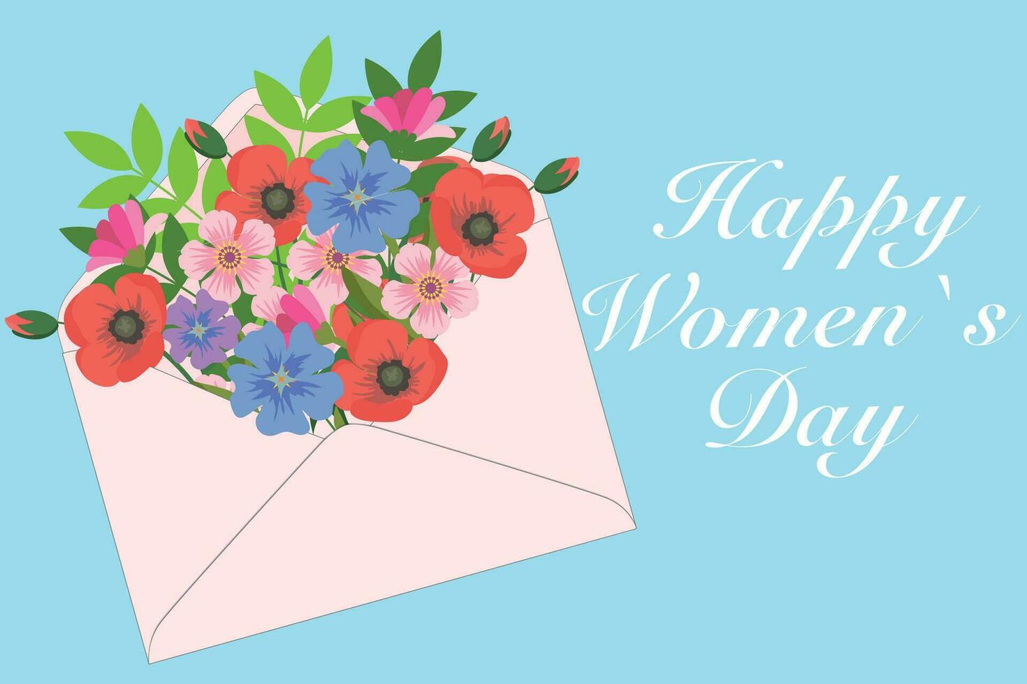 Happy Womens Day. Bouquet of spring flowers in an envelope. Spring holiday design template with pink flowers for holiday card, invitation, social media post, banner, cover, poster. vector