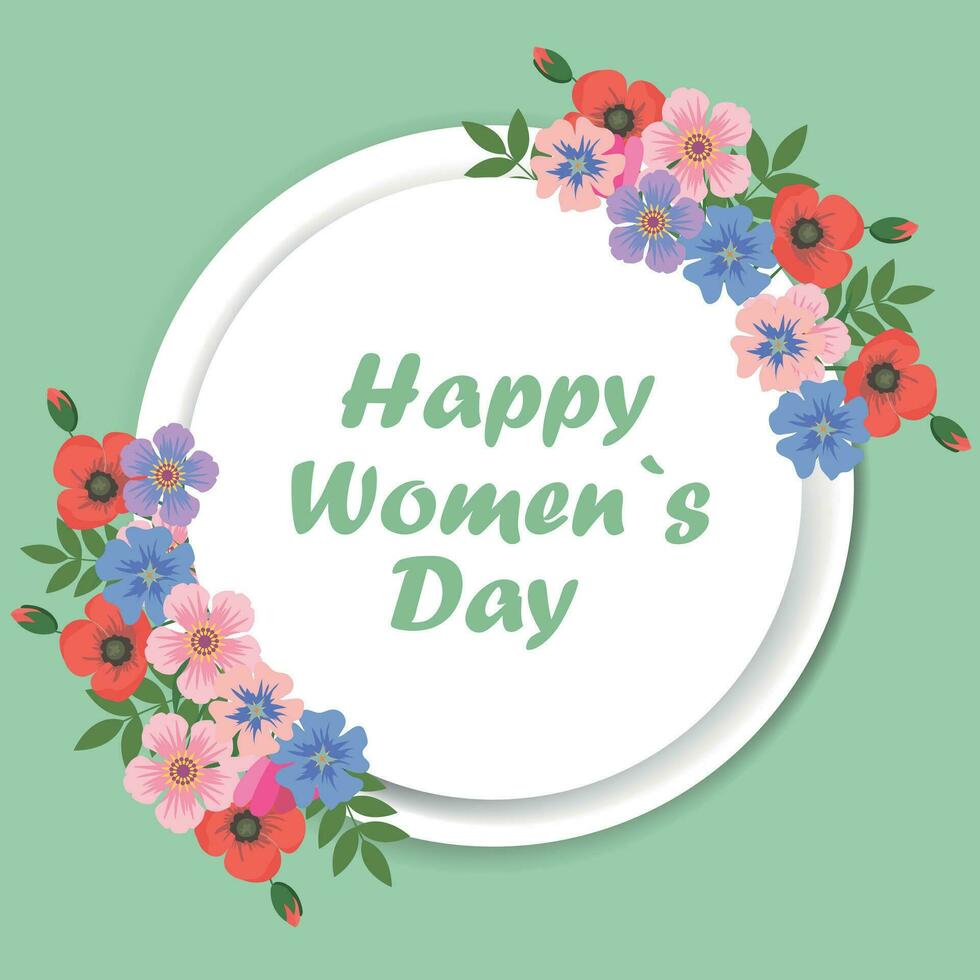 Happy Womens Day. Card and frame circular with flowers decoration. Spring background, cover, sale banner, flyer design. Template for advertising, web, social media vector