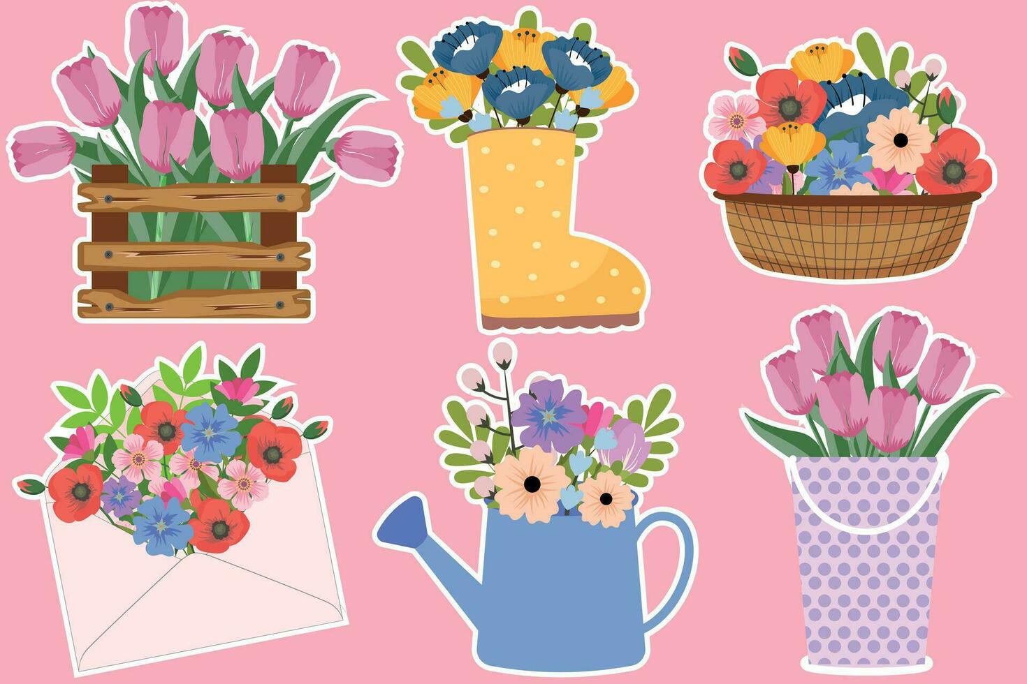 primavera conjunto de pegatinas ramos de flores de flores en un riego poder, cesta, sobre, caja, bota. estacional simbolos adecuado para álbum de recortes, saludo tarjeta, pegatinas, flor tienda vector