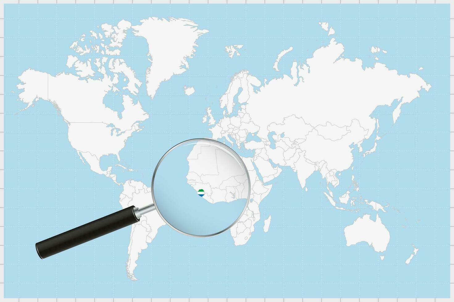 Magnifying glass showing a map of Sierra Leone on a world map. vector