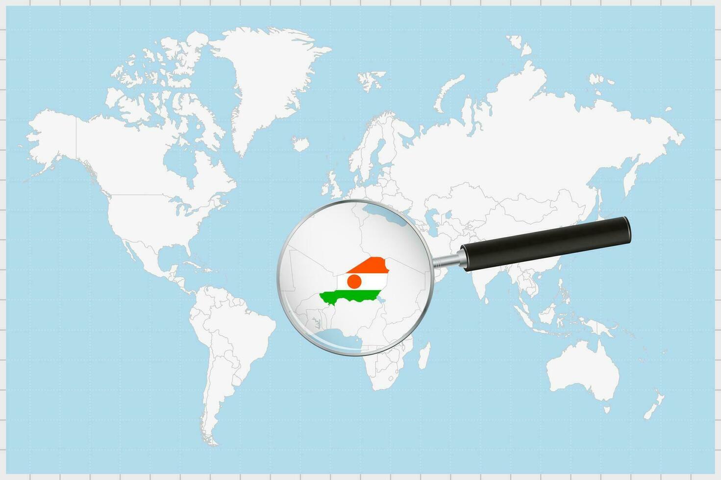 Magnifying glass showing a map of Niger on a world map. vector