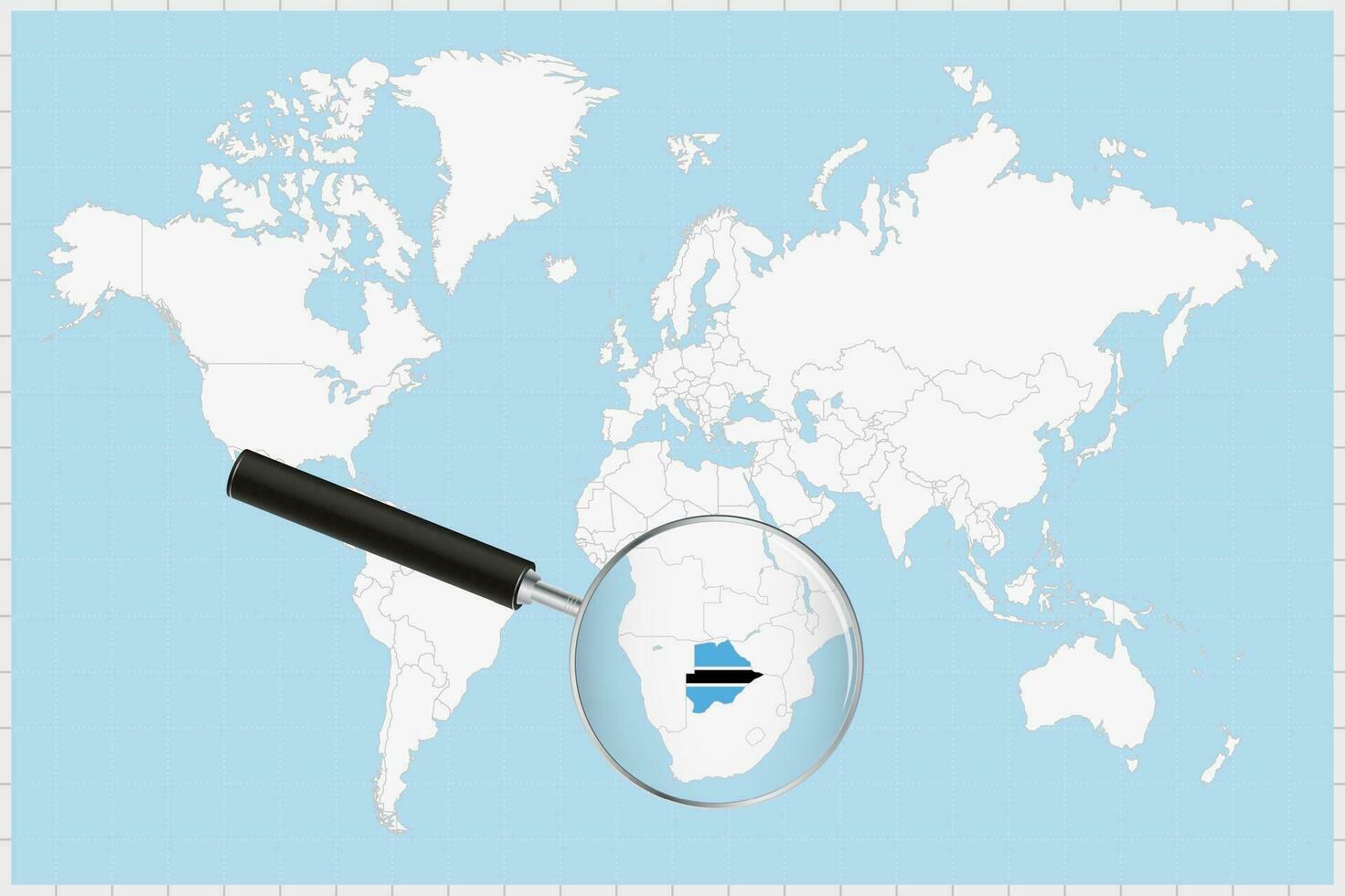 Magnifying glass showing a map of Botswana on a world map. vector