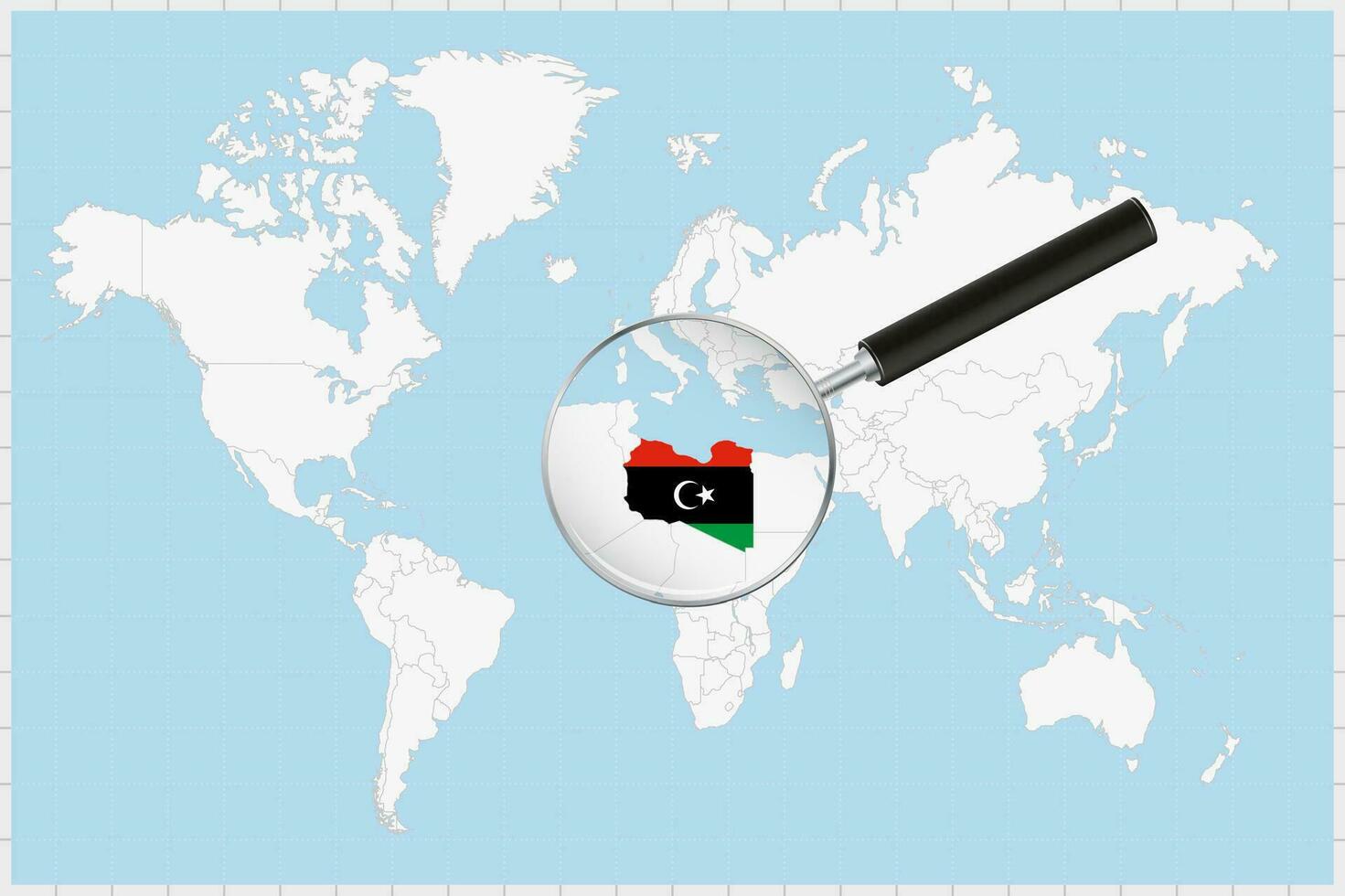 Magnifying glass showing a map of Libya on a world map. vector