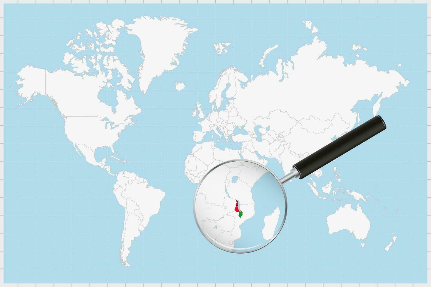 Magnifying glass showing a map of Malawi on a world map. vector