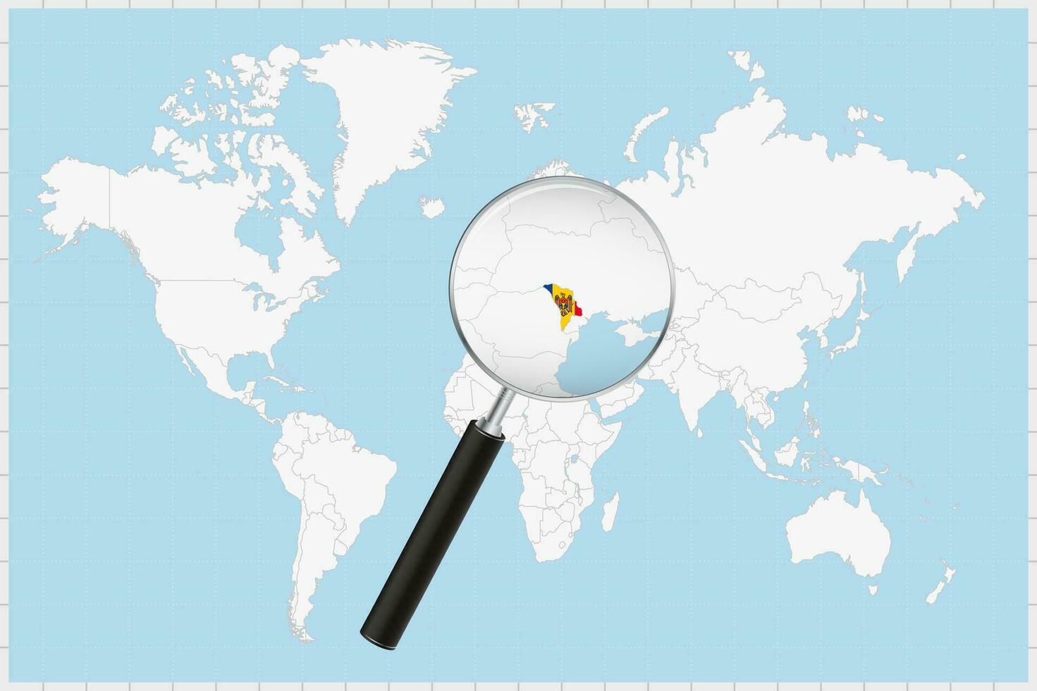 Magnifying glass showing a map of Moldova on a world map. vector