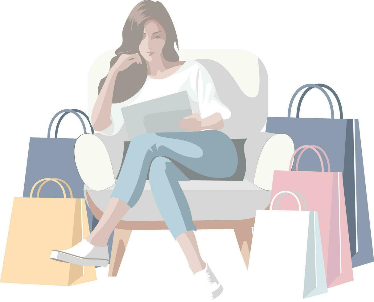 A girl is sitting on the sofa, browsing her tablet. Next to her is a group of shopping bags and packages of goods. vector