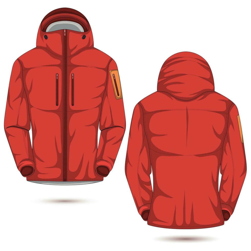 Hooded zipper waterproof jacket front and back view vector