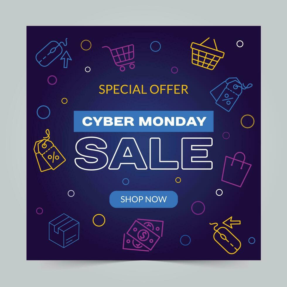 Cyber Monday Sale Banner. Promo Advertising Poster, Store Discount Flyer or Off Voucher. Vector Illustration, Abstract Background.