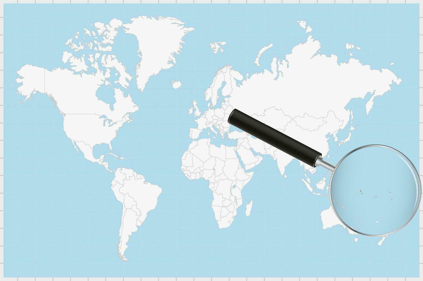 Magnifying glass showing a map of Kiribati on a world map. vector