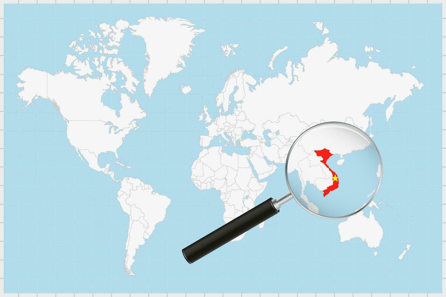 Magnifying glass showing a map of Vietnam on a world map. vector
