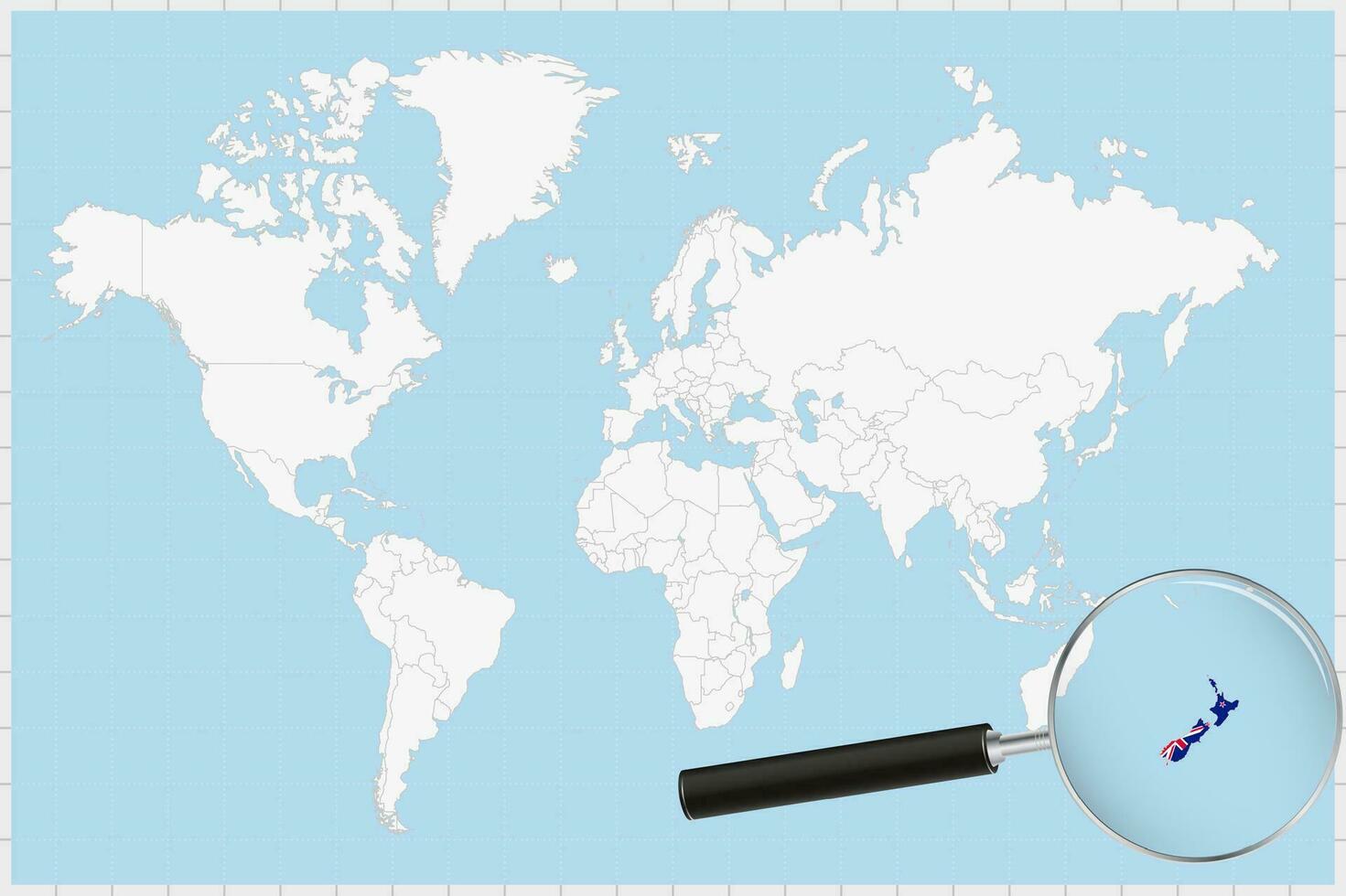 Magnifying glass showing a map of New Zealand on a world map. vector