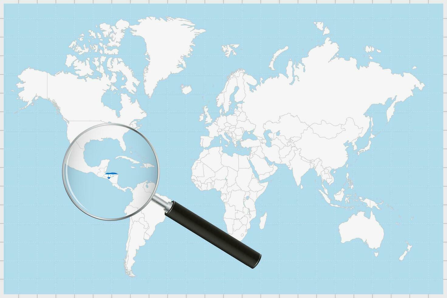 Magnifying glass showing a map of Honduras on a world map. vector