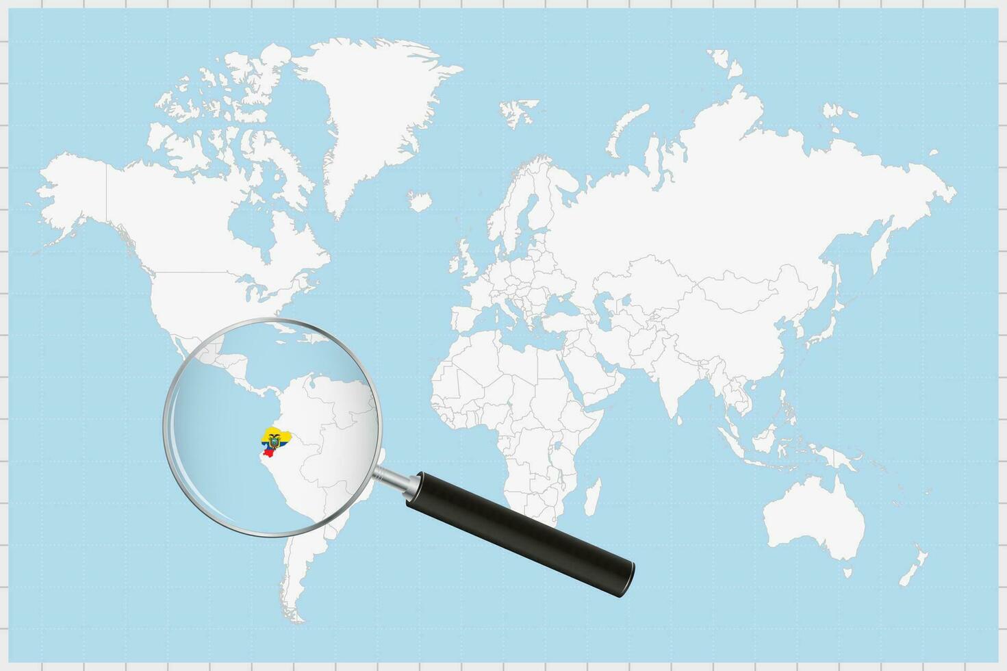 Magnifying glass showing a map of Ecuador on a world map. vector