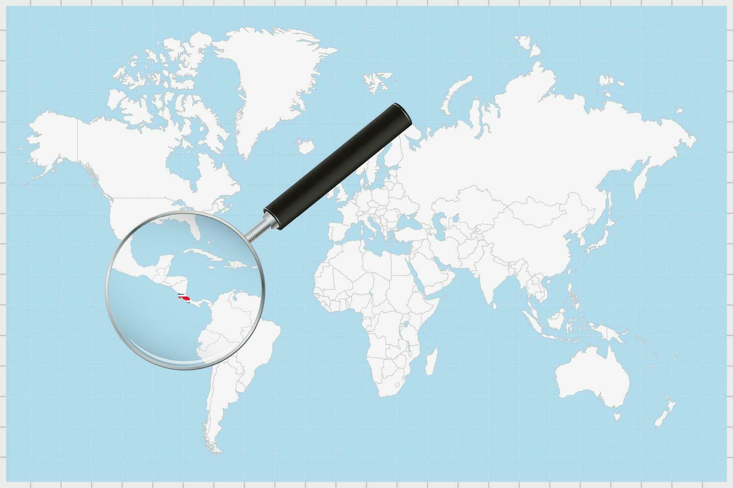 Magnifying glass showing a map of Costa Rica on a world map. vector