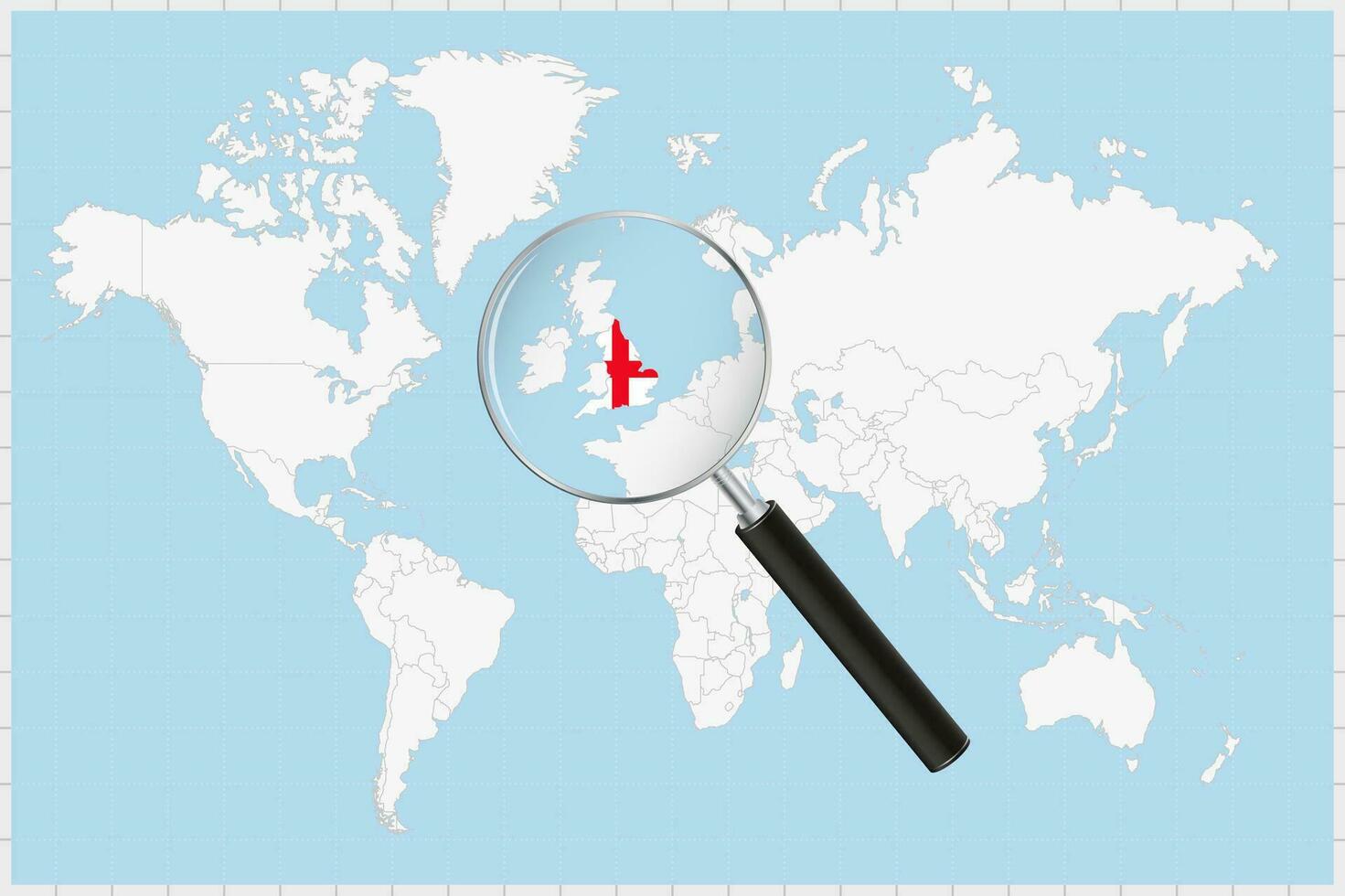 Magnifying glass showing a map of England on a world map. vector