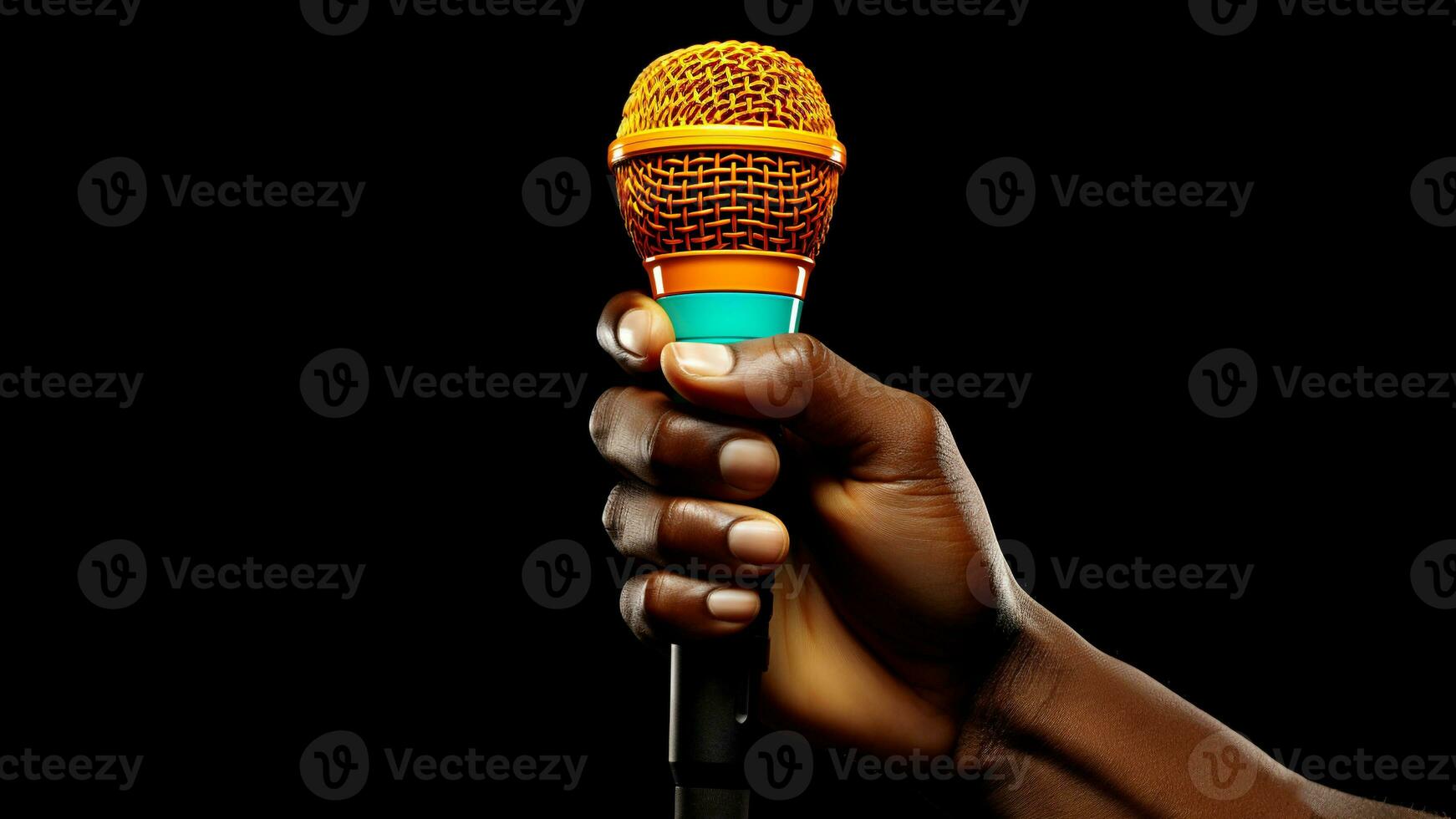 Hands Holding Microphone on Vibrant Background, AI Generative photo