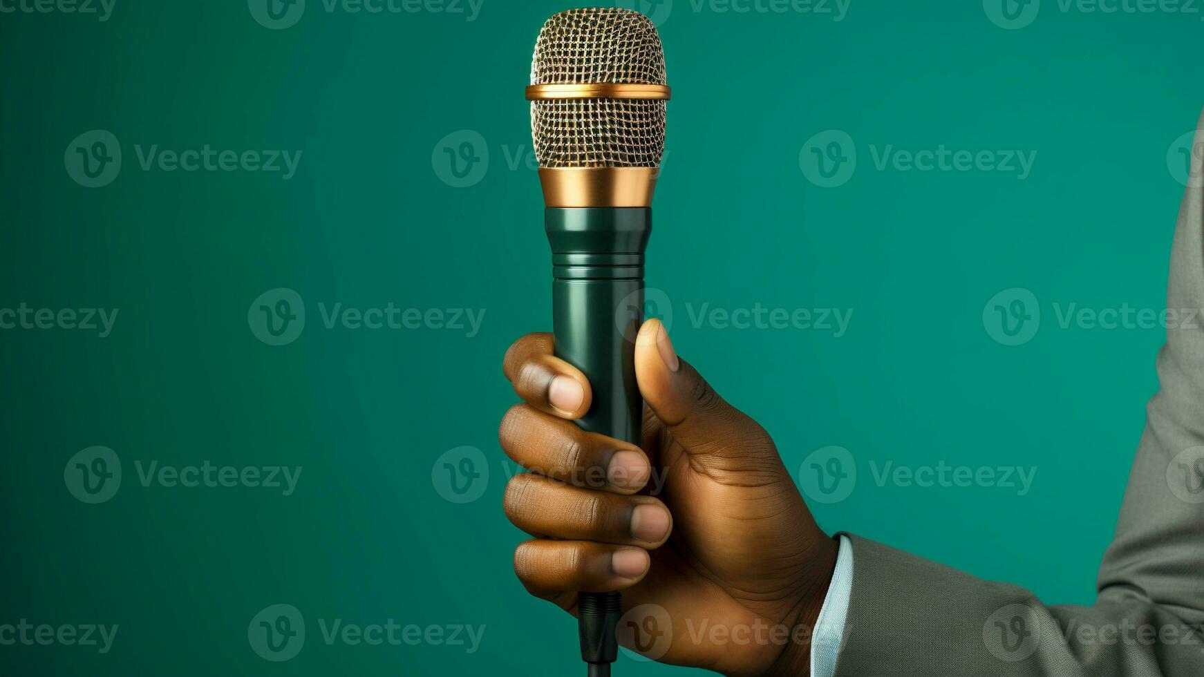 Hands Holding Microphone on Vibrant Background, AI Generative photo