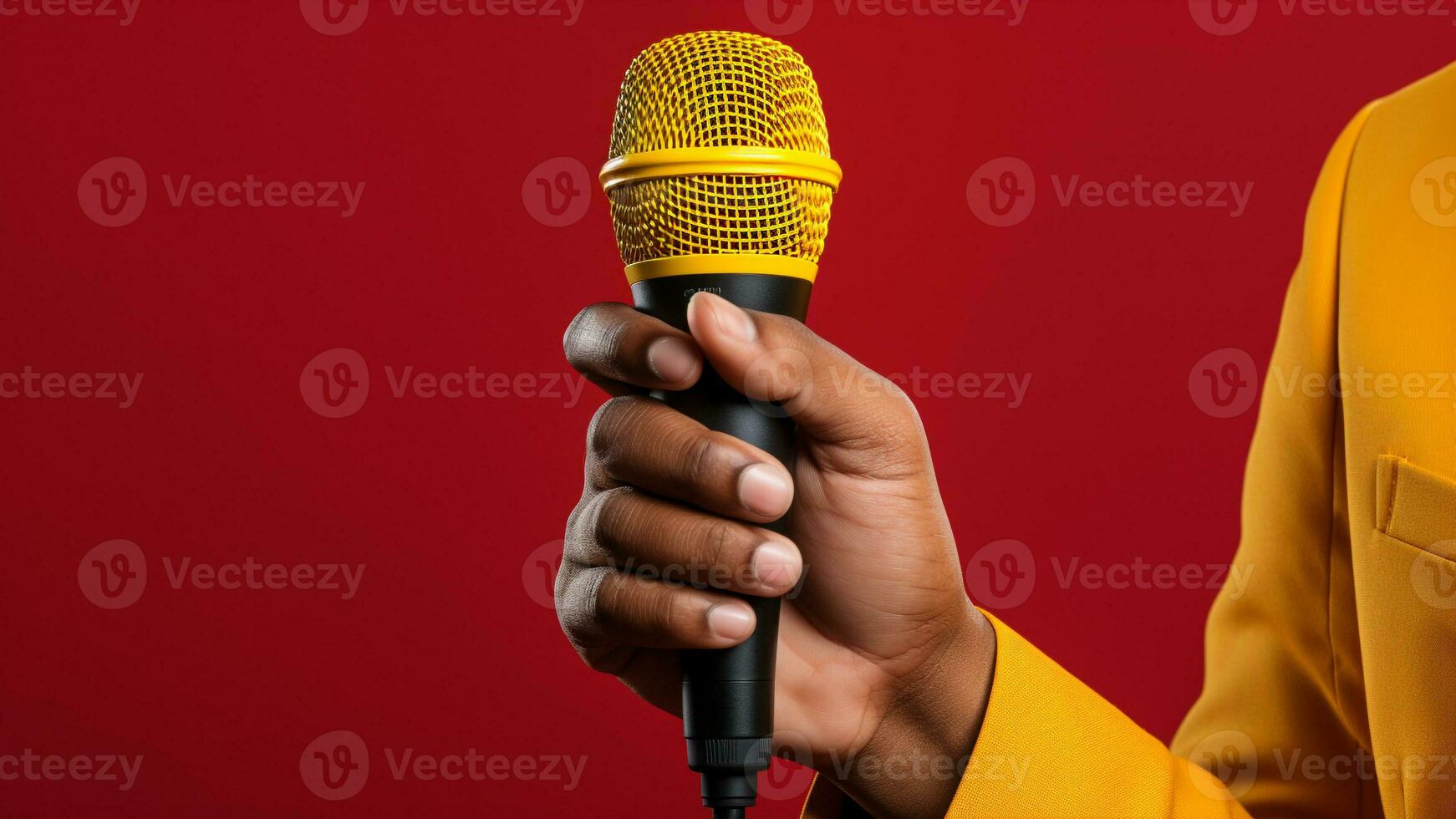 Hands Holding Microphone on Vibrant Background, AI Generative photo