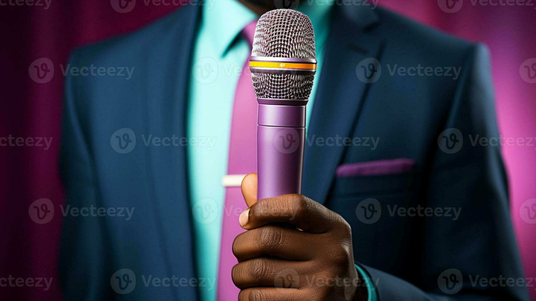 Hands Holding Microphone on Vibrant Background, AI Generative photo