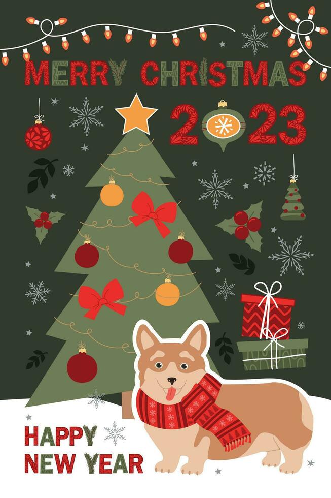 Merry Christmas and Happy New Year card with corgi dog with different winter elements. Cute hand drawn illustration. vector