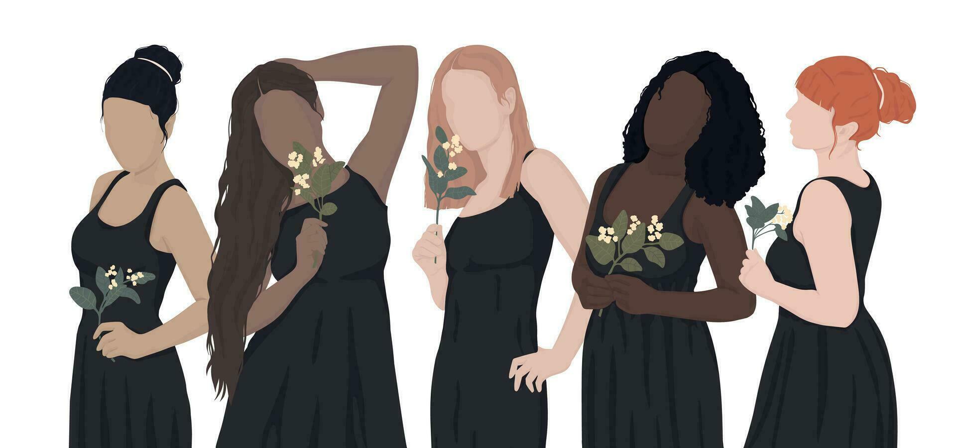a set of drawn women from different ethnic groups in black dresses, holding flowers in their hands. vector modern flat illustration. isolated by layers. for postcard, poster, banner, magazine cover
