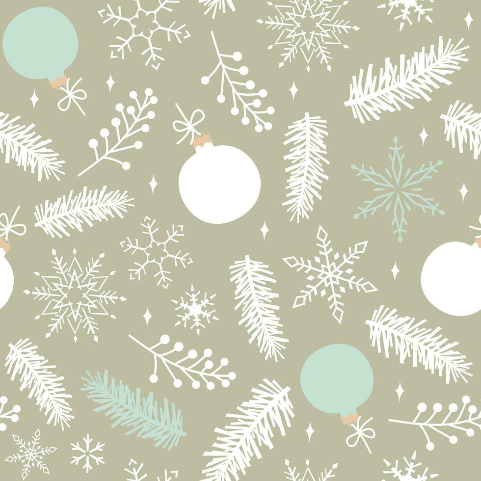 Green seamless pattern of fir branches, snowflakes and Christmas toys. Christmas vector illustration.