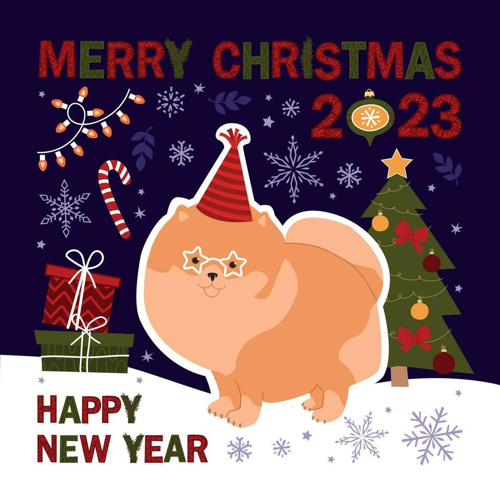 Merry Christmas and Happy New Year card with Pomeranian dog with different winter elements. Cute hand drawn illustration. vector