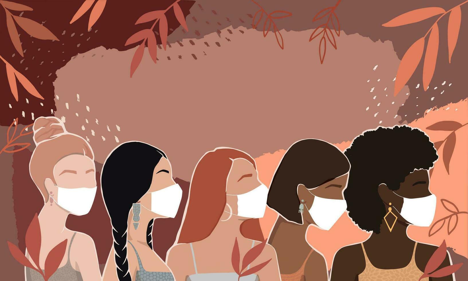 Women of different races together in masks on an abstract autumn background with leaves. modern vector flat illustration. isolated by layers. movement to empower women. International Women's Day.