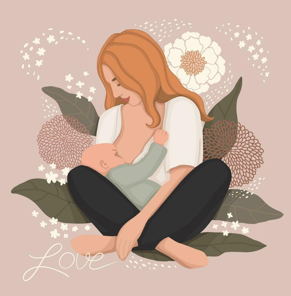 a woman breastfeed her newborn baby. delicate vector illustration on a background of leaves and flowers. breastfeeding support