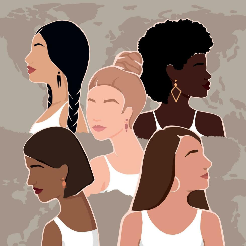 mujer de diferente étnico grupos juntos. moderno plano ilustración vector