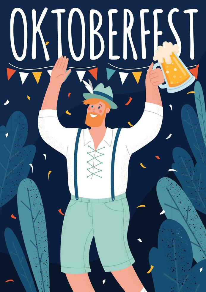 Oktoberfest poster. Beer Festival. A man holds a mug of beer. Vector flat illustration with lettering and autumn leaves.