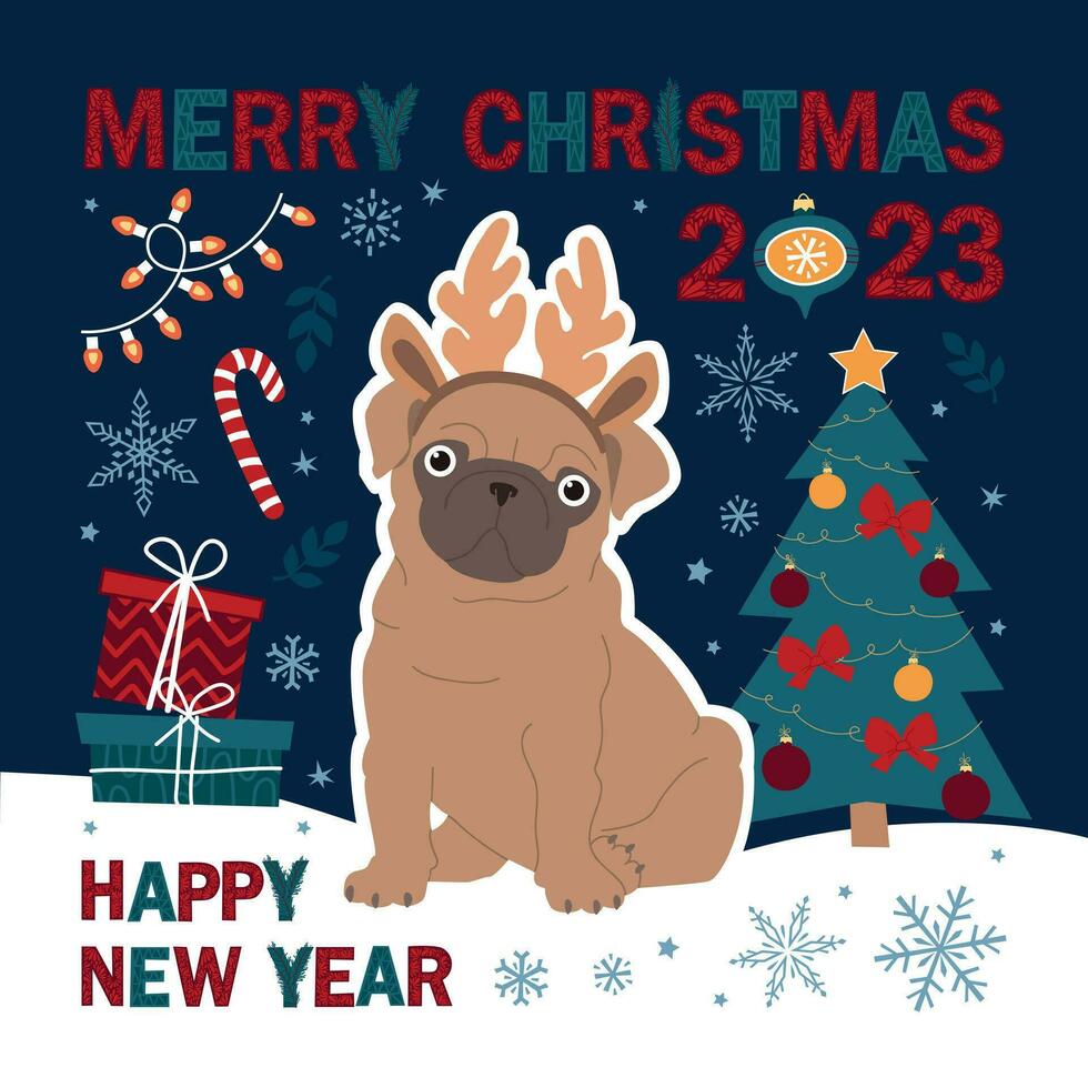 Merry Christmas and Happy New Year card with dog with different winter elements. Cute hand drawn illustration. vector