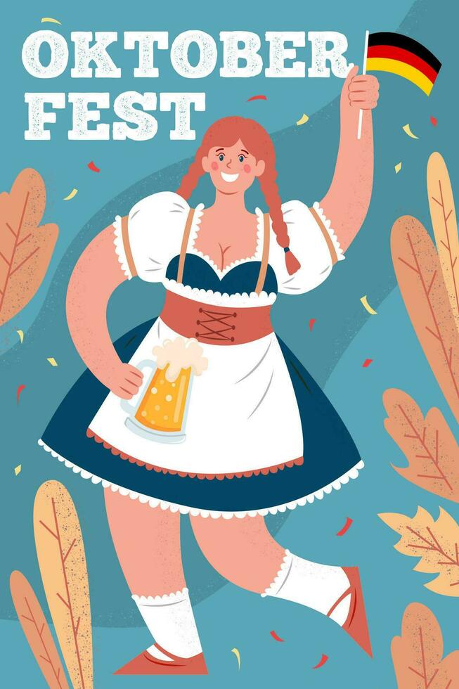 Oktoberfest póster. cerveza festival. un mujer en un nacional alemán disfraz sostiene un jarra de cerveza y un bandera de Alemania. vector mano dibujado ilustración con letras y otoño hojas.