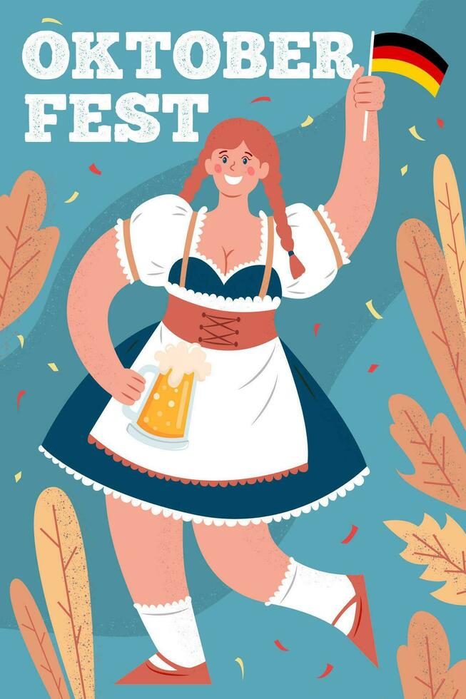 Oktoberfest poster. Beer Festival. A woman in a national German costume holds a mug of beer and a flag of Germany. Vector hand drawn illustration with lettering and autumn leaves.
