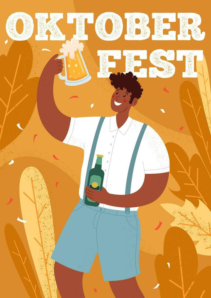 Oktoberfest póster. cerveza festival. un hombre sostiene un jarra y un botella de cerveza. vector mano dibujado ilustración con letras y otoño hojas.