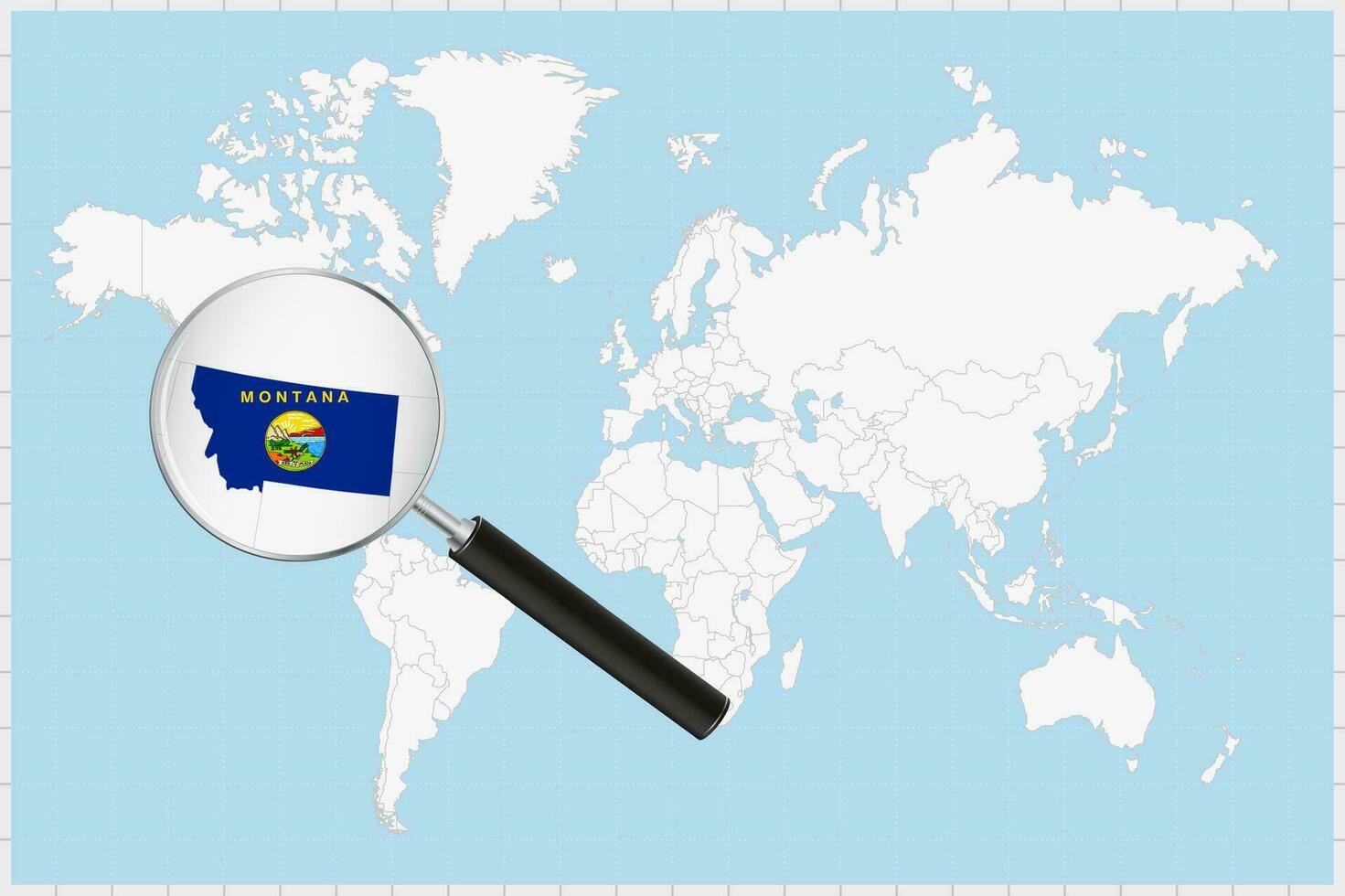 Magnifying glass showing a map of Montana on a world map. vector