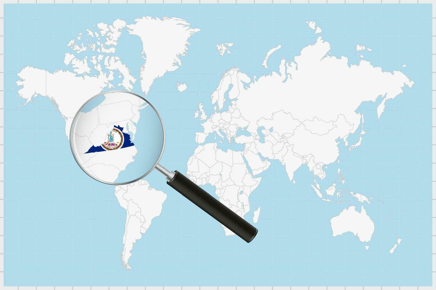 Magnifying glass showing a map of Virginia on a world map. vector