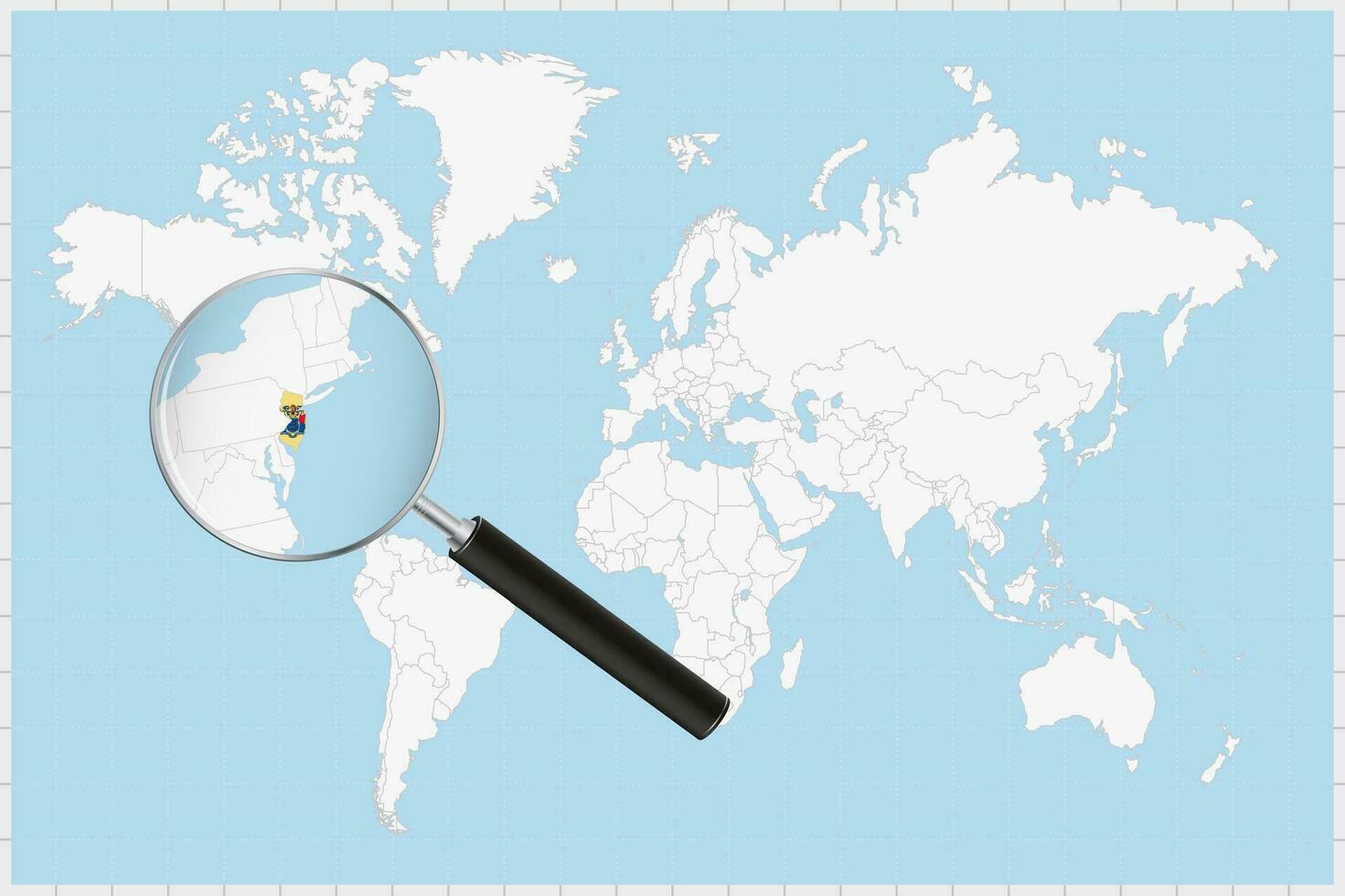 Magnifying glass showing a map of New Jersey on a world map. vector