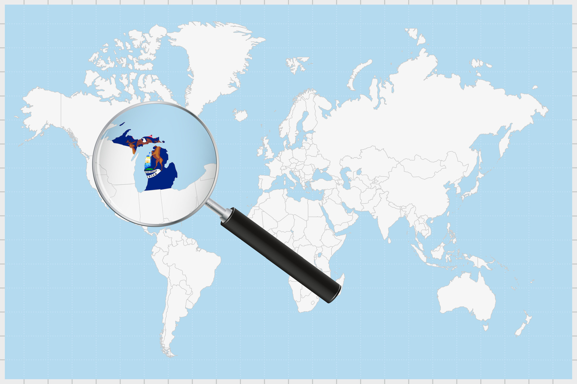 Magnifying Glass Showing A Map Of Michigan On A World Map 34865314 Magnifying Glass Showing A Map Of Michigan On A World Map Vector