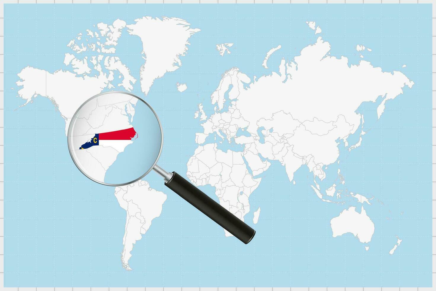 Magnifying glass showing a map of North Carolina on a world map. vector