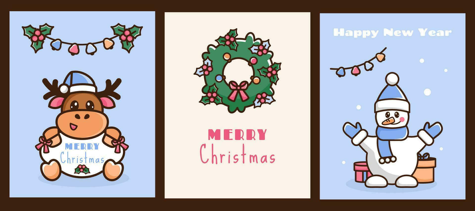 Set of Christmas cards. New year background. Festive posters with linear Doodle characters. Cute reindeer in santa hat with greeting frame, cartoon snowman, festive wreath, presents. Vector