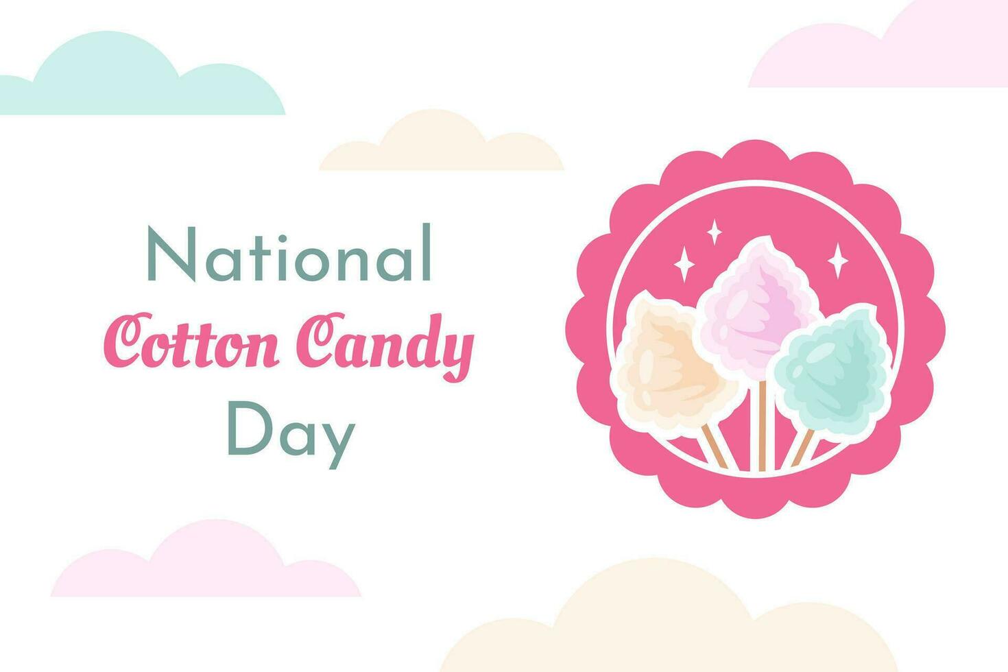 Cotton candy day. Festive banner. Cartoon color Cotton candies in pink frame and vintage text. Colorful puffy sweet dessert. Delicious yummy food for children. Vector illustration